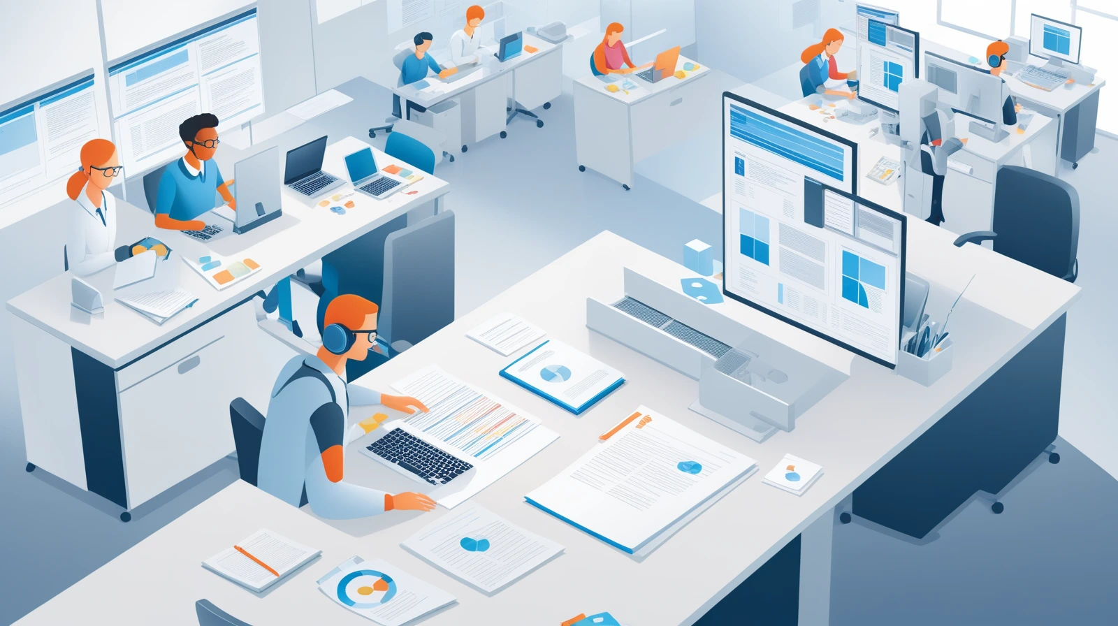 Editorial illustration of a knowledge worker and an AI co-processor connected through shared workflow cards and analysis nodes.