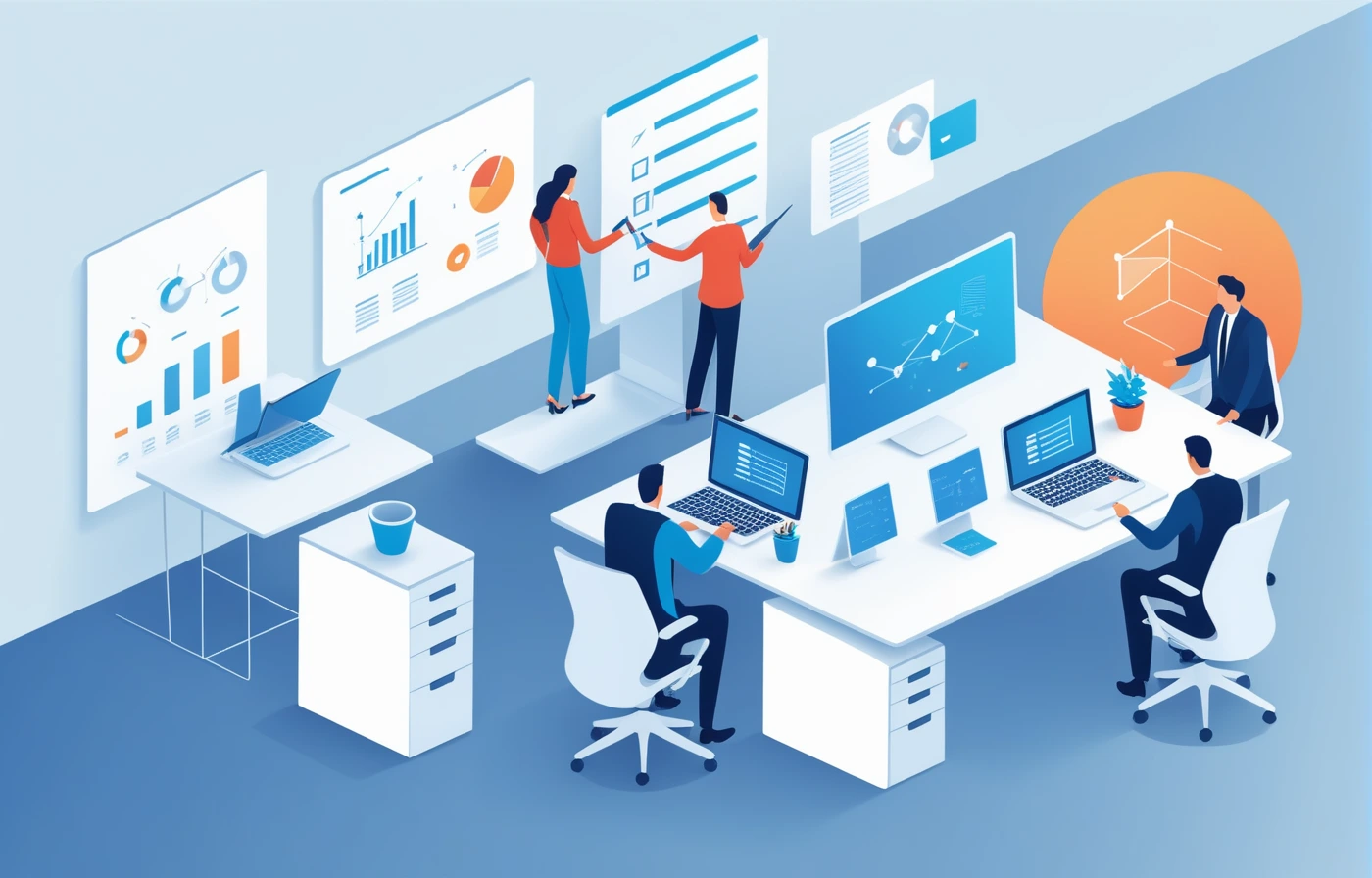 Manager and team members working with an AI layer above them and visible review checkpoints for governance and task ownership.