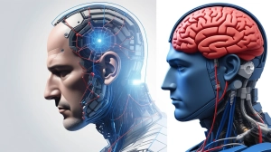 Editorial illustration of a human profile merging with an augmented mechanical head and exposed neural circuitry.