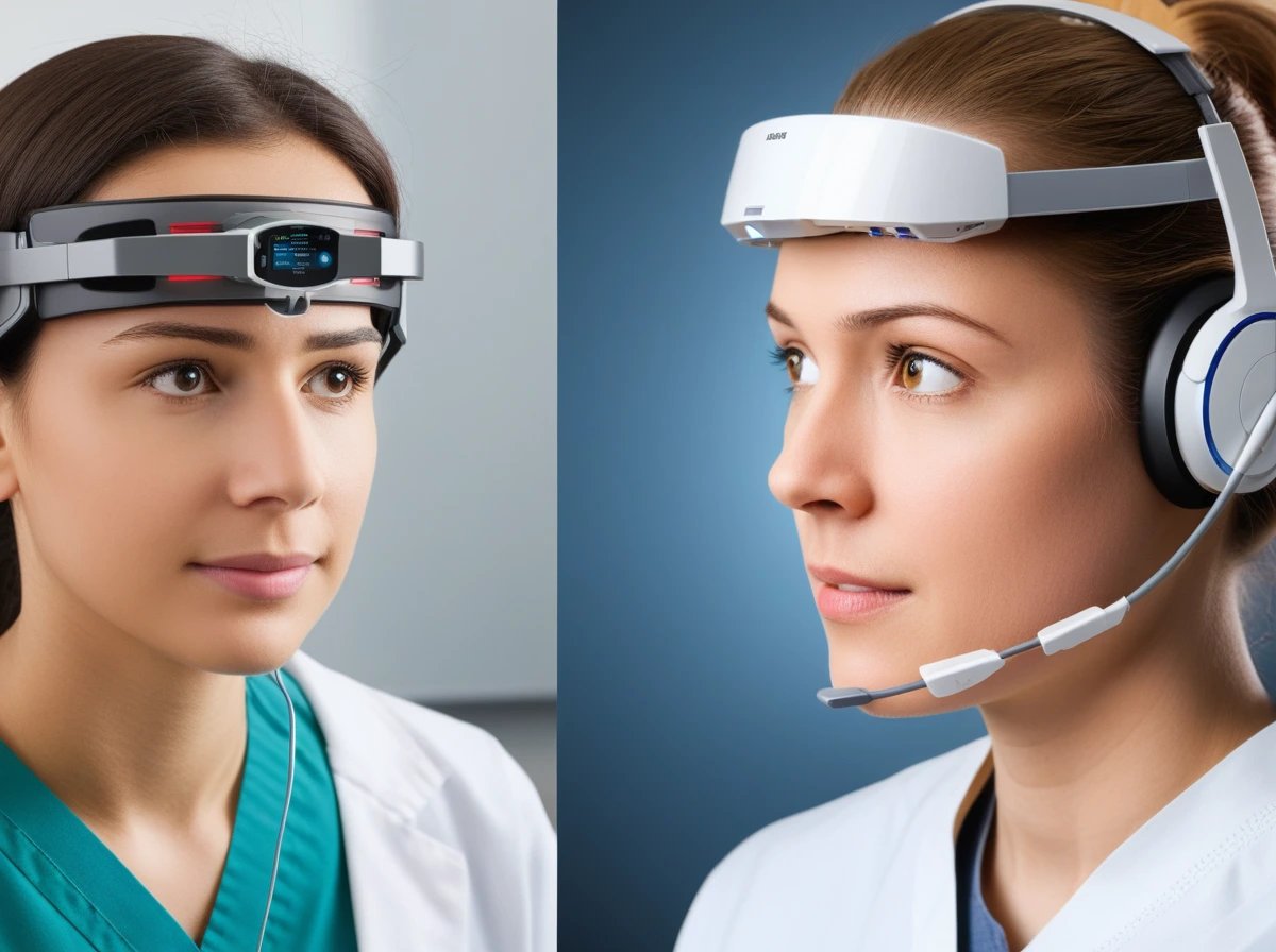 Split illustration showing two adults wearing neurotechnology headsets to suggest therapeutic and elective enhancement contexts.