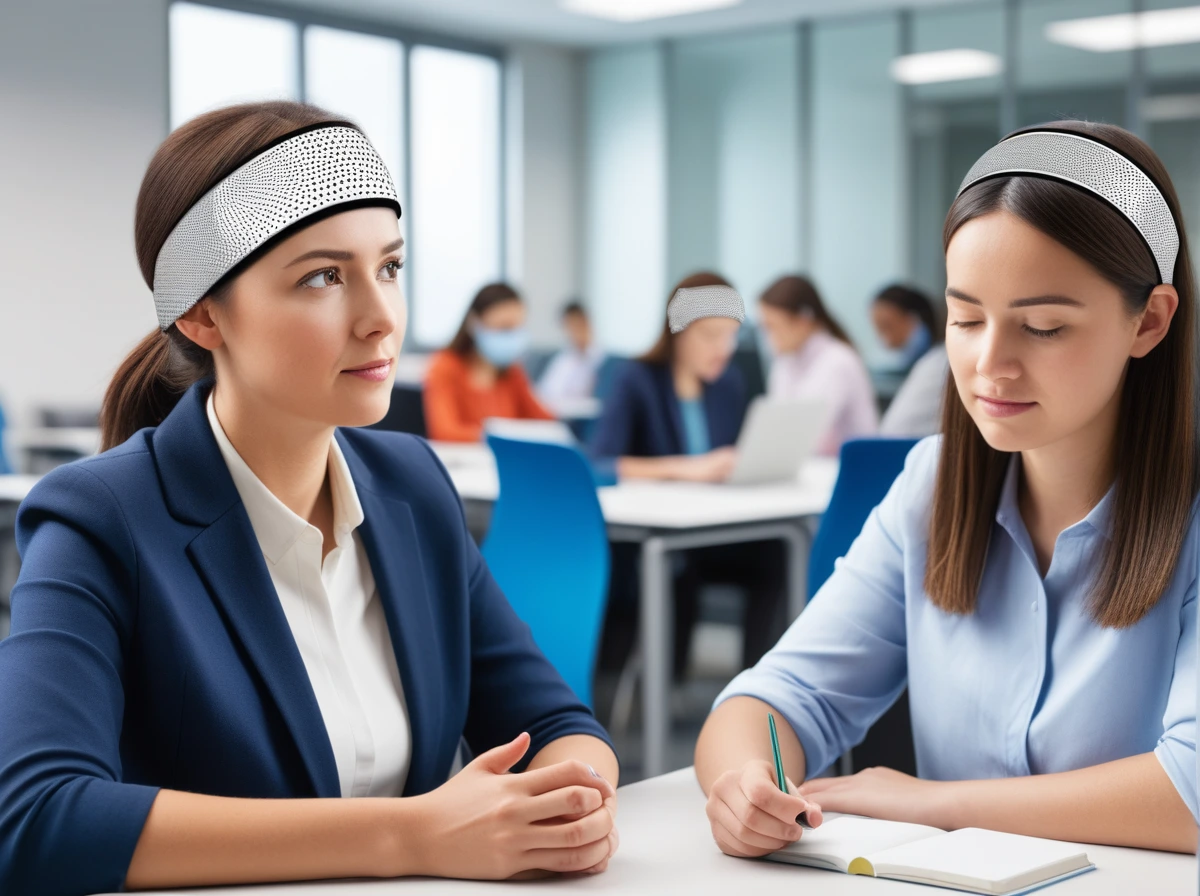 Office and classroom scene showing two people wearing cognitive headbands while others work without visible upgrades, illustrating unequal access and performance pressure.