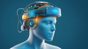 Editorial illustration showing non-implant wearable neurotechnology for focus and memory with neurofeedback, stimulation, and sleep cues.