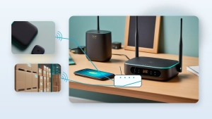 Editorial illustration of a Wi-Fi router sending energy toward tiny sensors and tags while a smartphone remains outside the main power path.