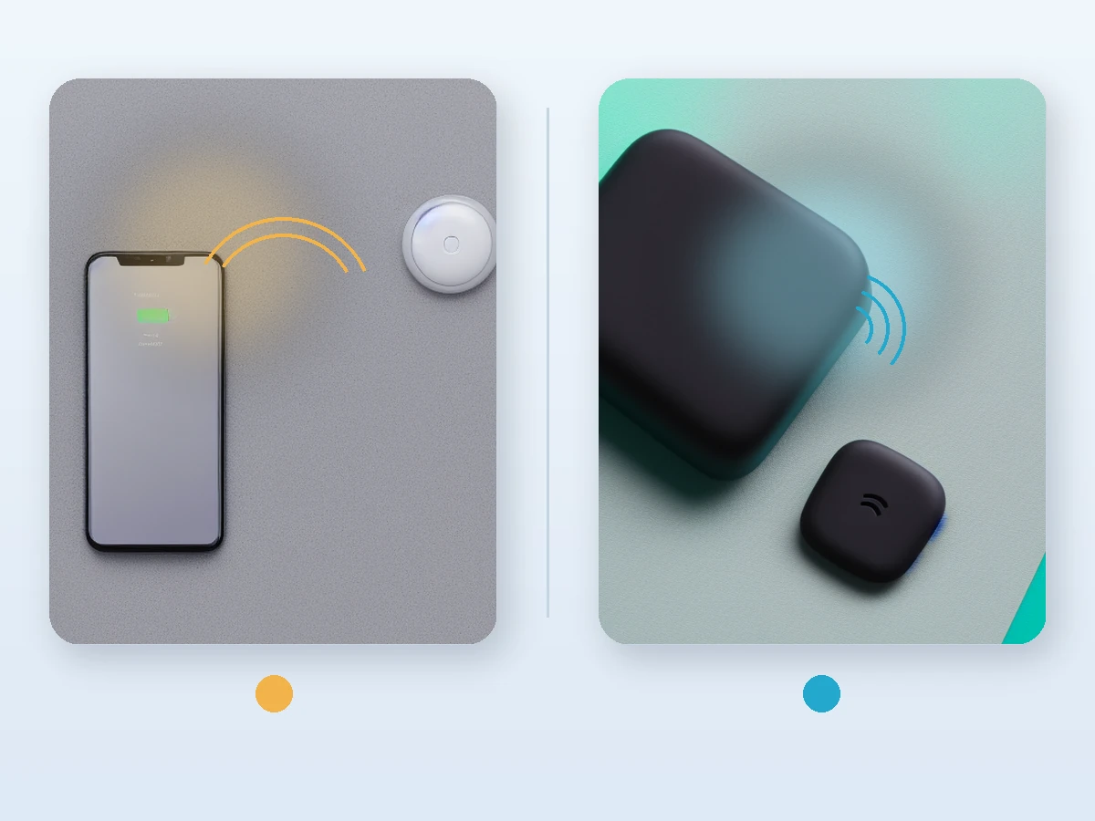 Split illustration showing a phone on a wireless charging pad on one side and a tiny sensor harvesting Wi-Fi energy on the other.