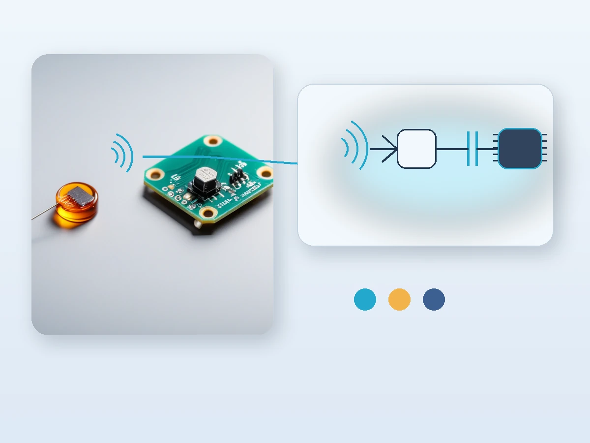 Technical illustration of a small rectenna device capturing radio waves and feeding a low-power sensor through a compact energy storage stage.