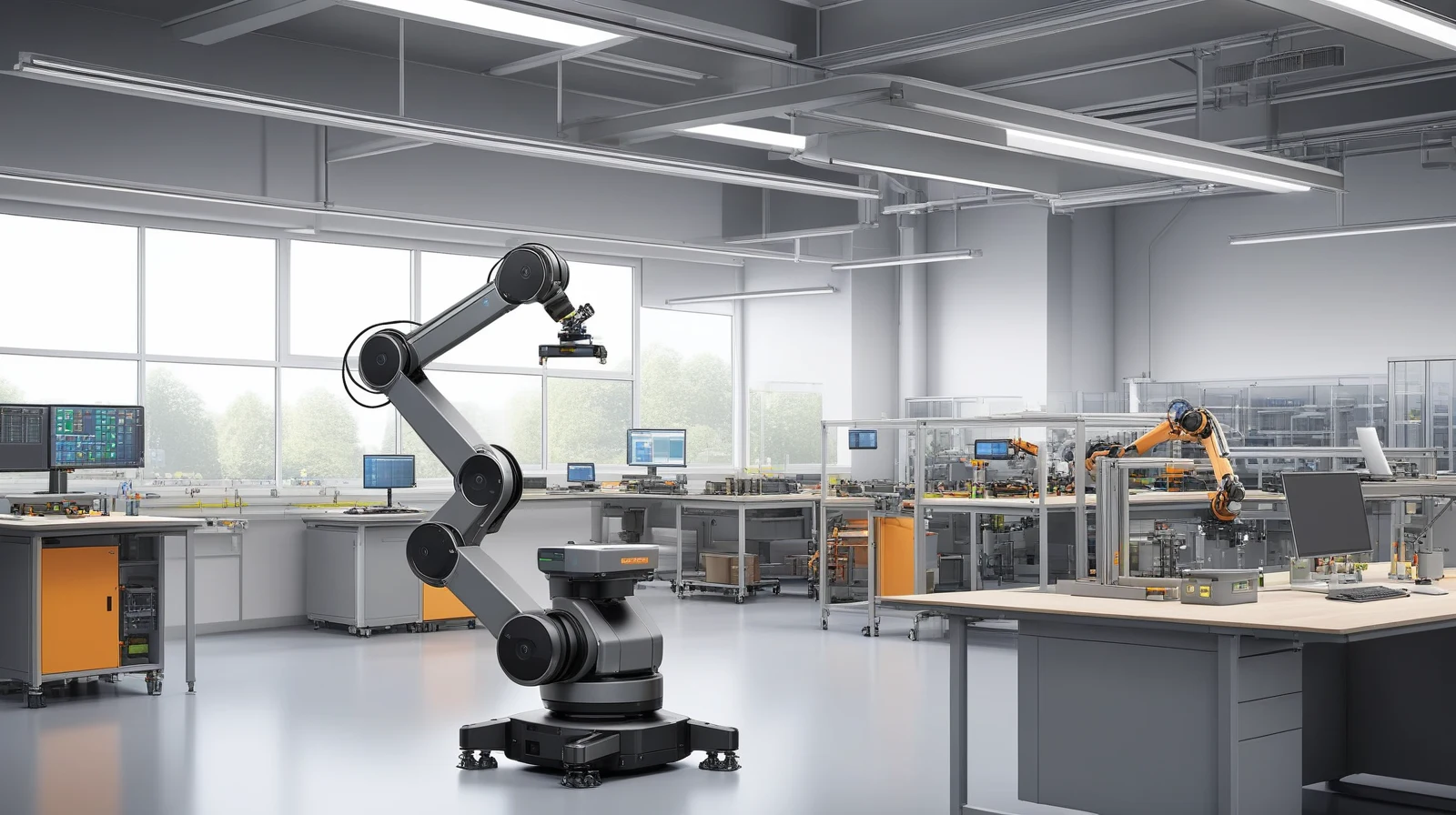 Collaborative robot arm and human technician working side by side in a modern production workspace