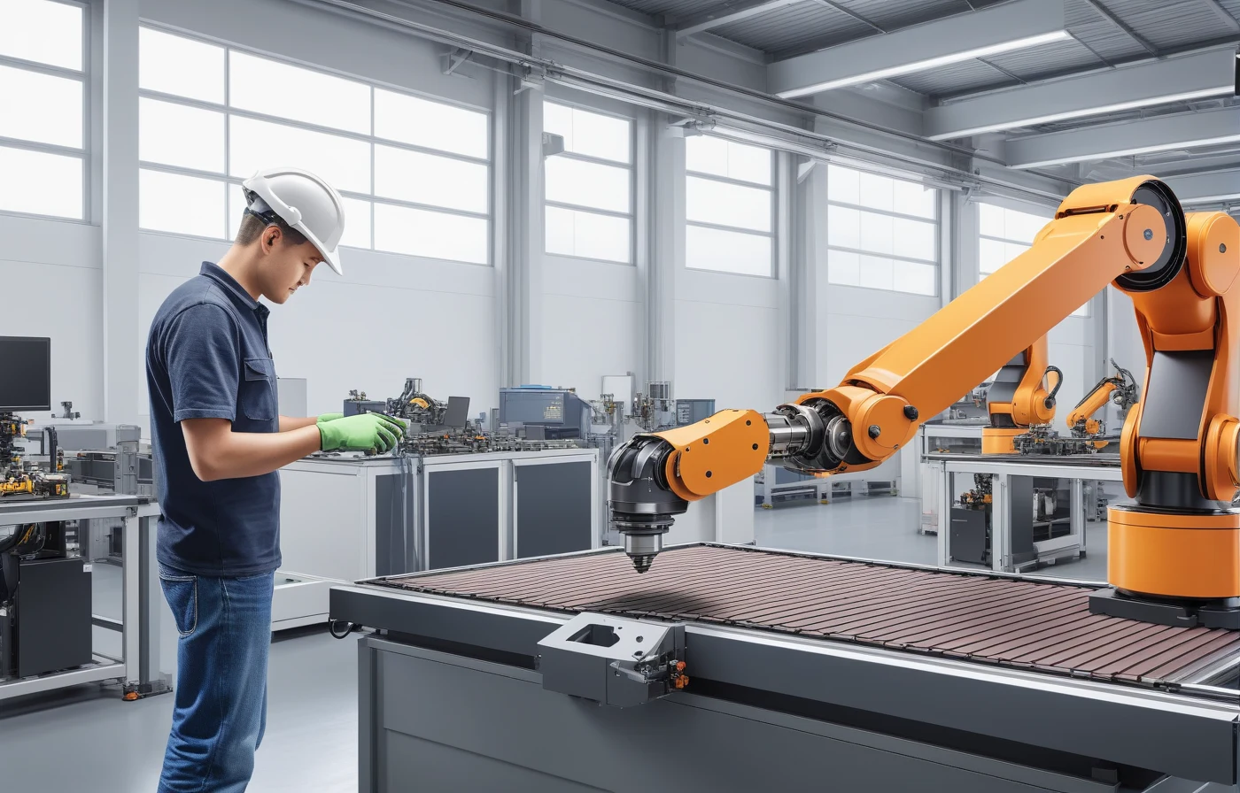 Collaborative robot loading parts while a technician inspects quality beside the workstation