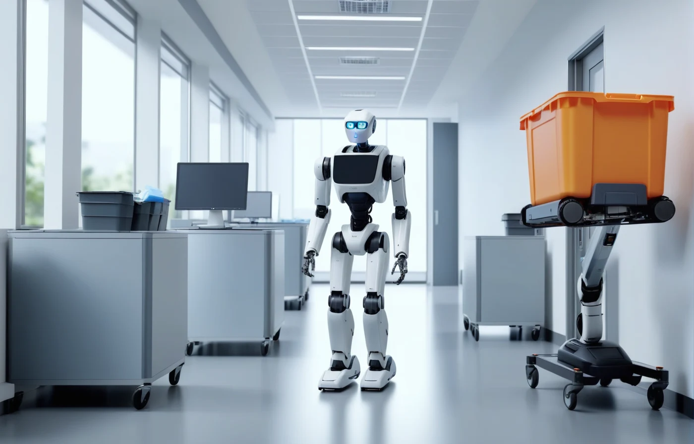 Workplace robot moving supplies through an office-adjacent corridor while staff work nearby