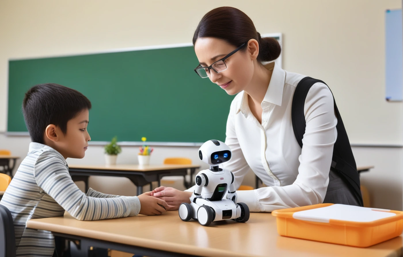 Child seated between two humanoid robots during a guided learning interaction
