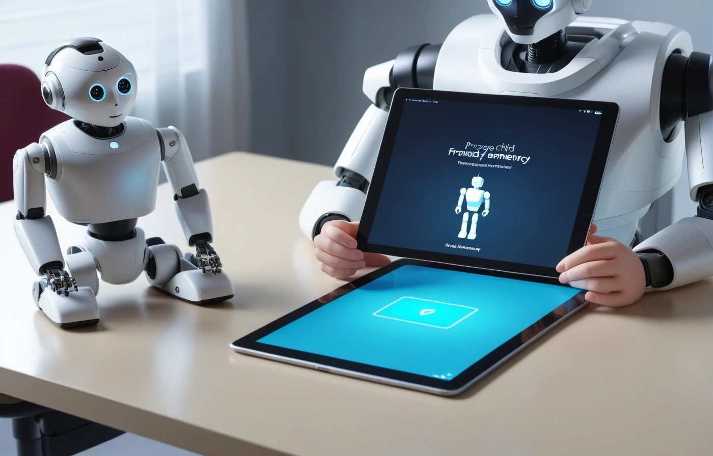 Child using a tablet beside a humanoid robot in a bright home-study setting