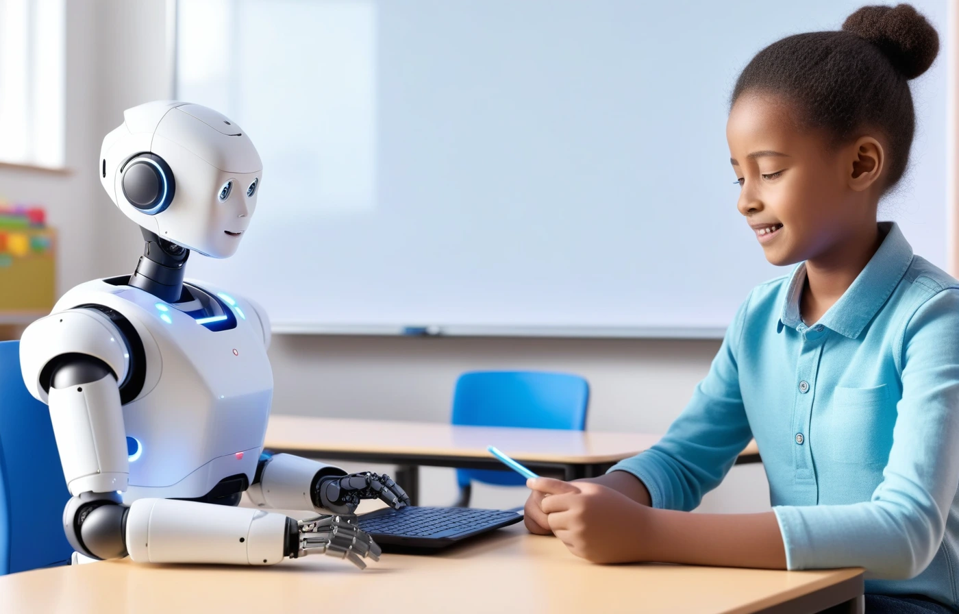 Student working beside a humanoid educational robot during a classroom activity