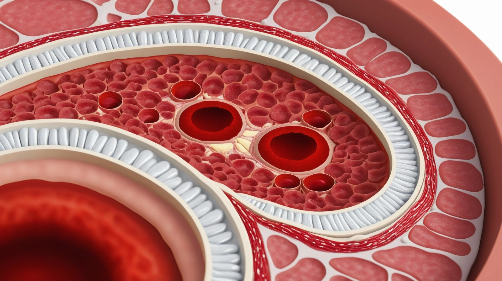 Cutaway illustration of a plaque-narrowed artery with red blood cells flowing through the lumen.