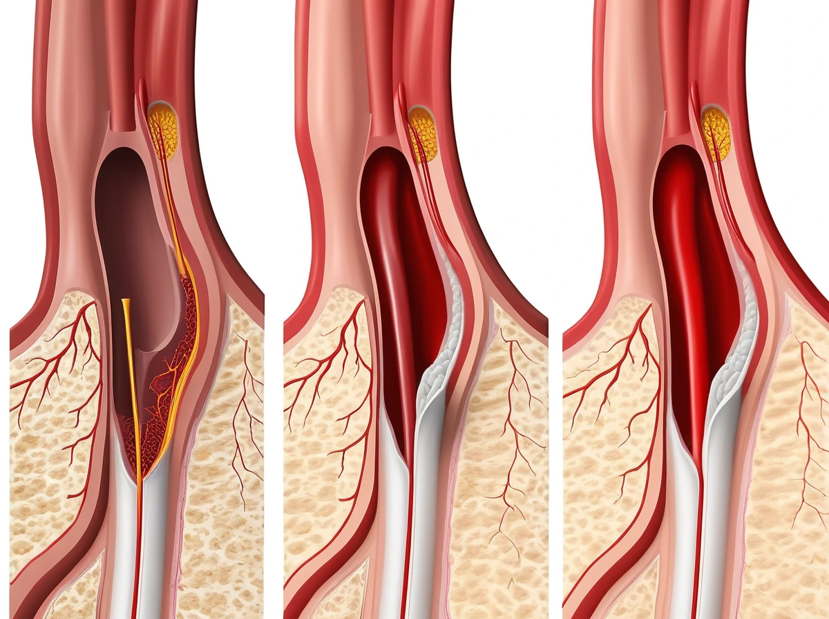 Three-panel comparison of artery plaque buildup, a sudden blood clot, and a narrowed vessel with faster blood flow.