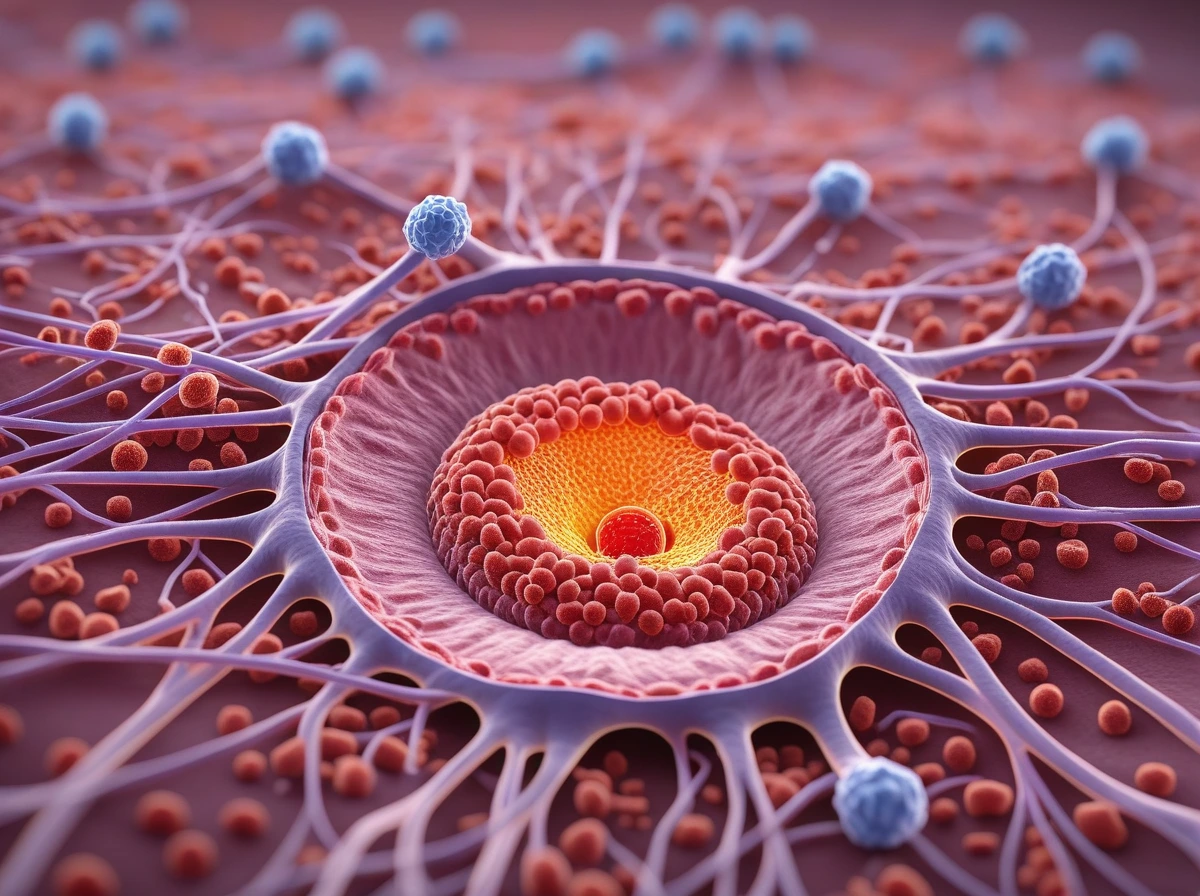 Magnified conceptual view of plaque biology with vessel wall tissue, blood cells, and targeted nano-medicine approaching the lesion.