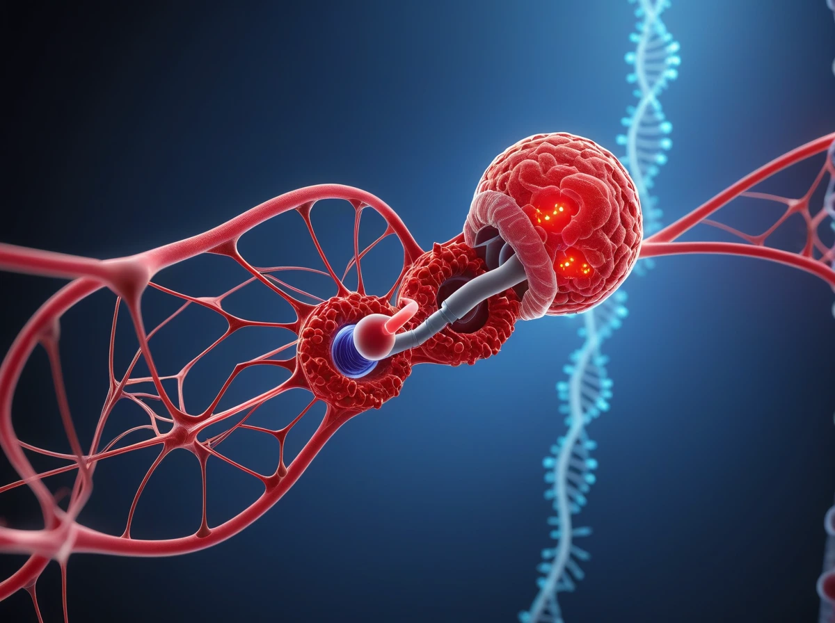 Conceptual illustration of clot-targeting nano-devices working inside a small blood vessel.