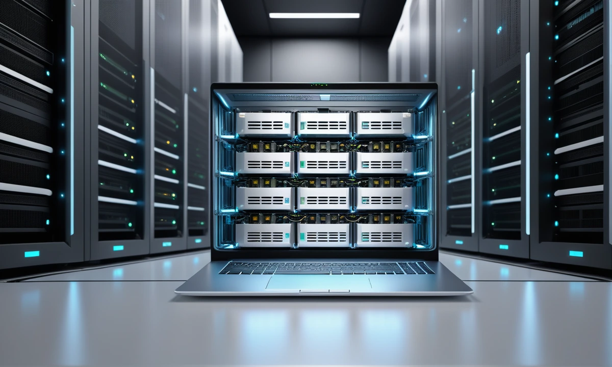 Editorial illustration of a slim AI laptop in front of a large data center rack to contrast on-device AI with cluster-scale infrastructure