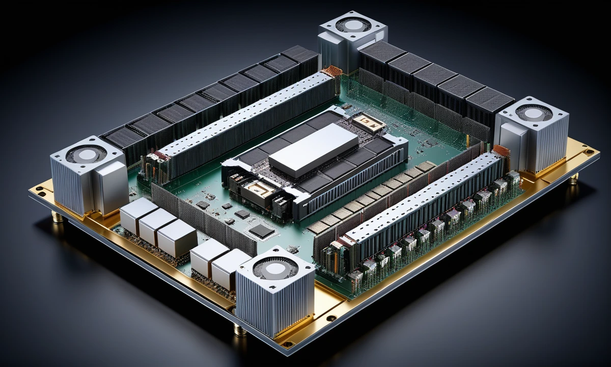 Technical illustration of an advanced AI accelerator package with a central compute die surrounded by high-bandwidth memory modules