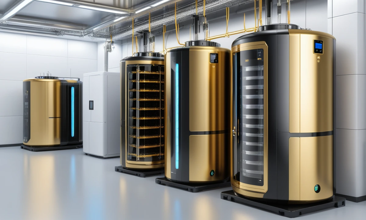 Editorial illustration of multiple cylindrical quantum computing cryostats in a clean lab environment