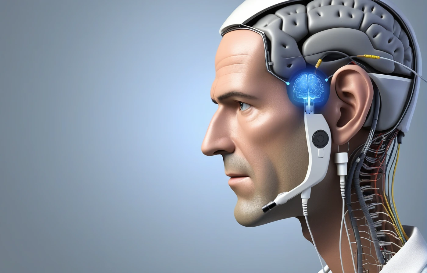 Human profile in a calm clinical setting with neural signal lines connecting to a speech neuroprosthesis interface.