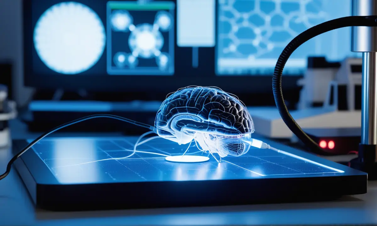 Neuroscience lab illustration showing optogenetics with a research mouse, light pulses, and highlighted neural activity