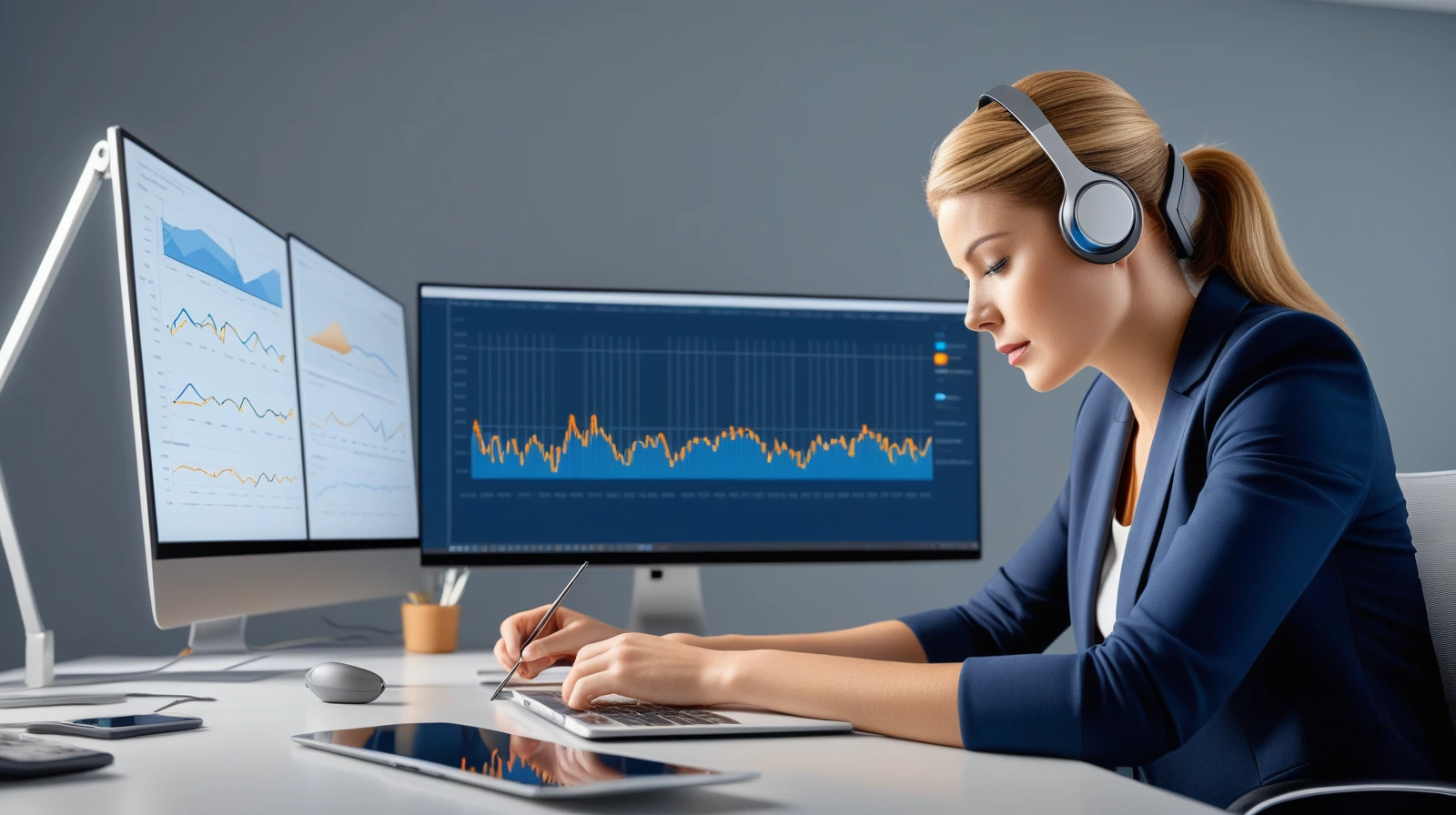Editorial illustration of a marketer reviewing ad performance data with an EEG headset and abstract brainwave lines