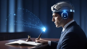 Editorial illustration showing a person with a neural headset, a gavel, and a glowing data file.