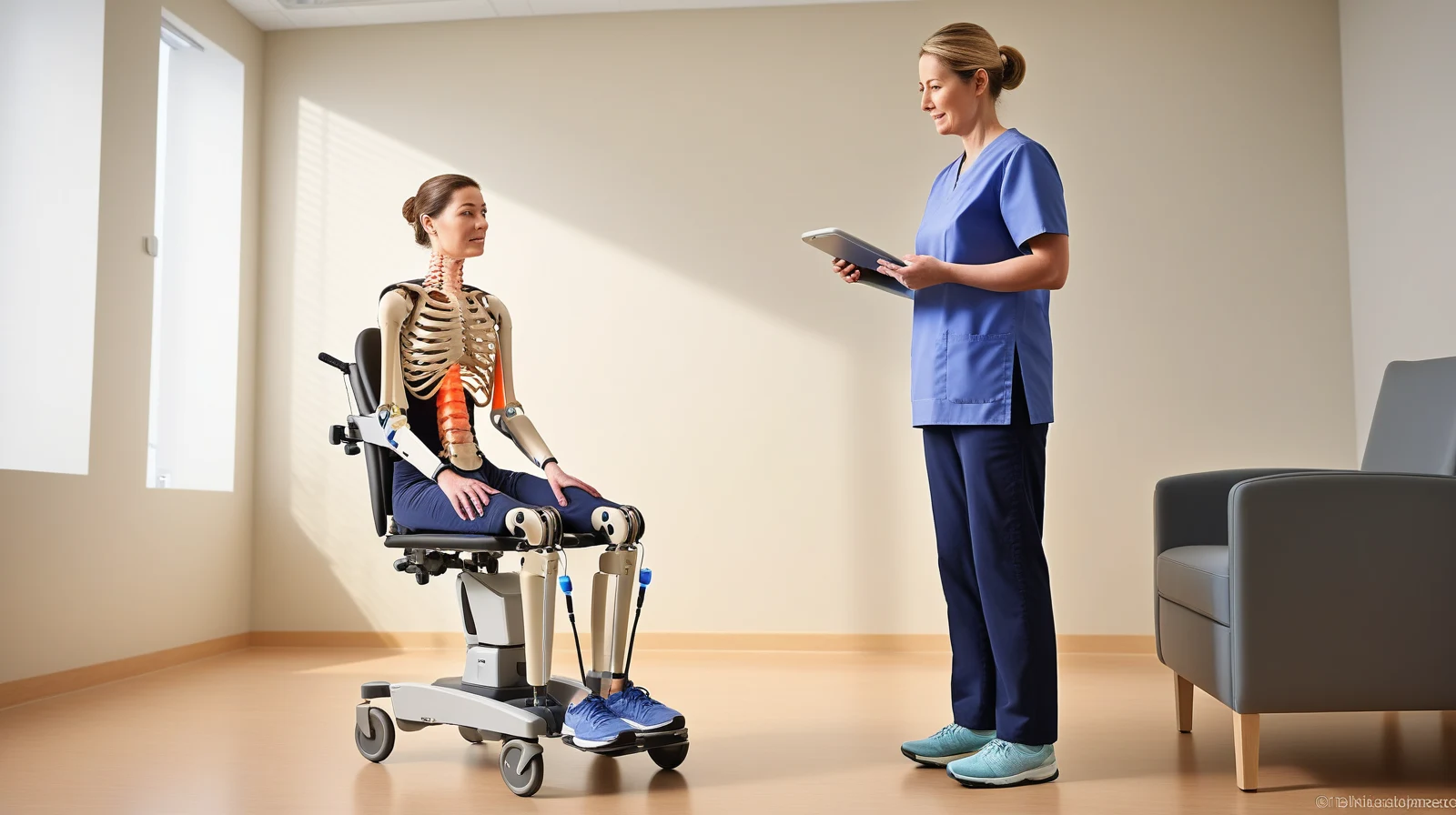 Illustration of a patient using a brain-spine interface to support standing and stepping in rehabilitation.