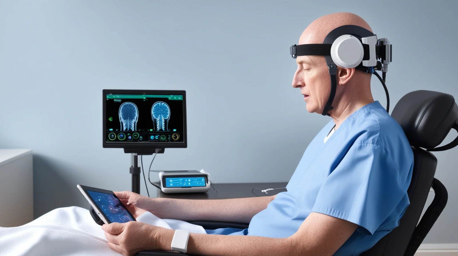 Illustration of a minimally invasive brain-computer interface helping a person with paralysis control an assistive system.