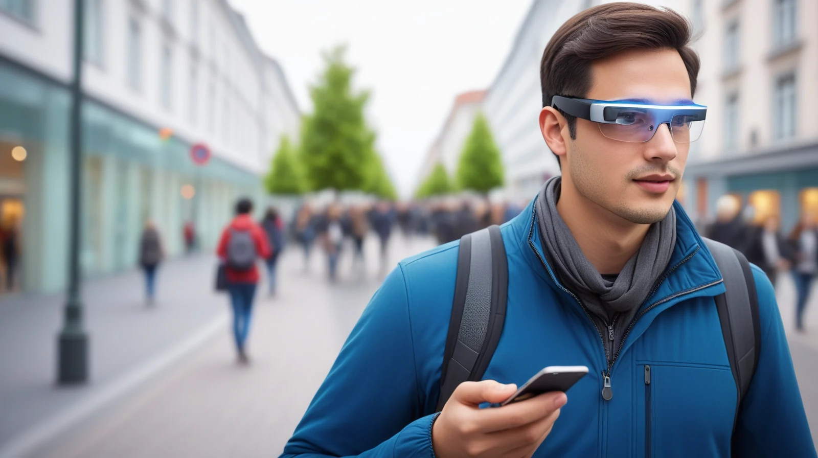 Illustration of a person using smart glasses for navigation and lightweight information in everyday life.