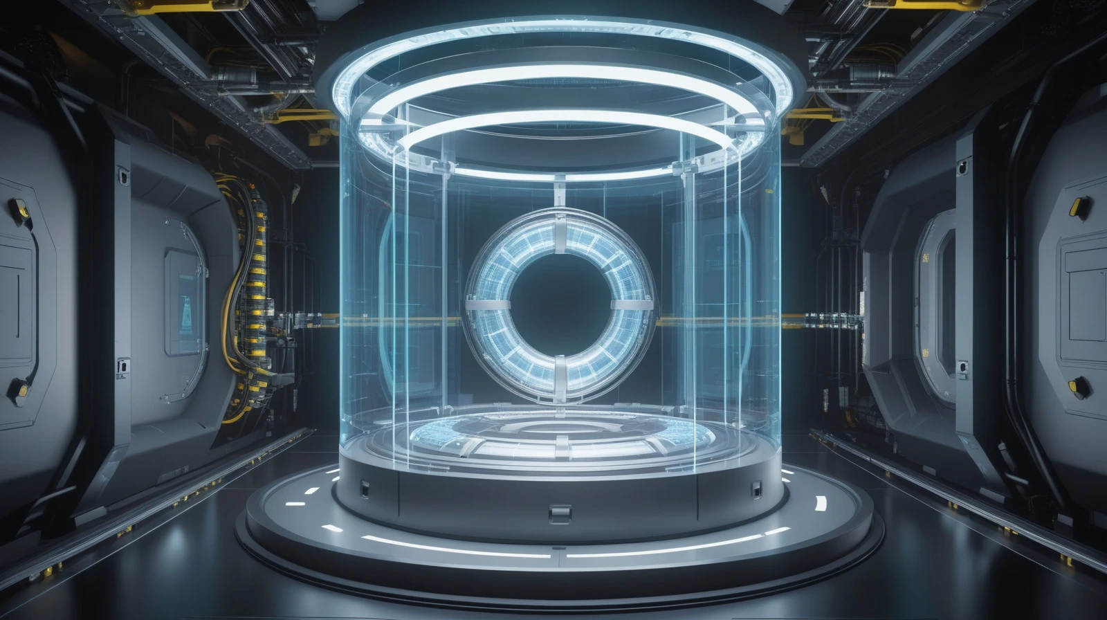 Editorial illustration of an AI core inside a transparent containment chamber with layered monitoring and shutdown controls around it.