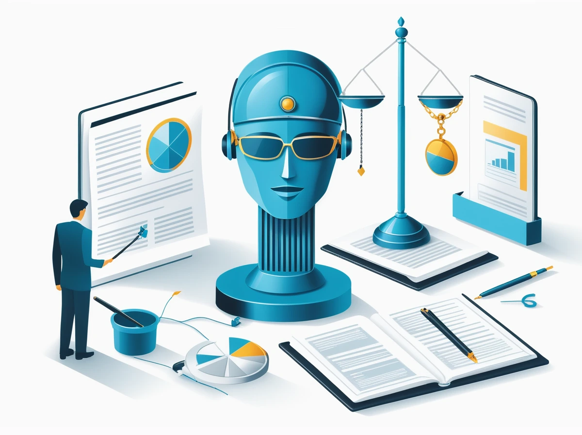 Editorial illustration of human-rights documents and oversight symbols with AI systems represented as regulated tools.