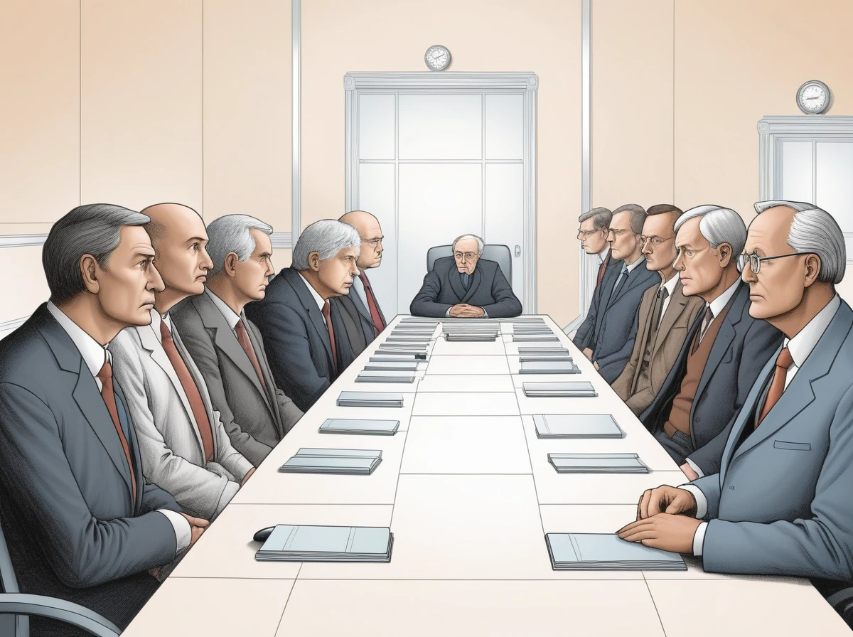 Editorial illustration of policymakers and philosophers reviewing a non-human intelligent system in a future ethics hearing.