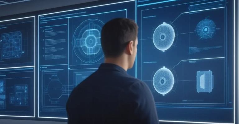 Editorial illustration of a human engineer standing before a rapidly expanding wall of AI-generated invention plans.