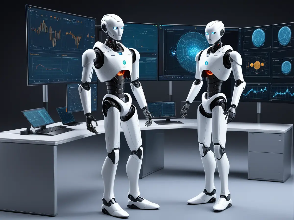 Illustration of AI systems connected to software, lab tools, and simulation environments in an autonomous R and D workflow.