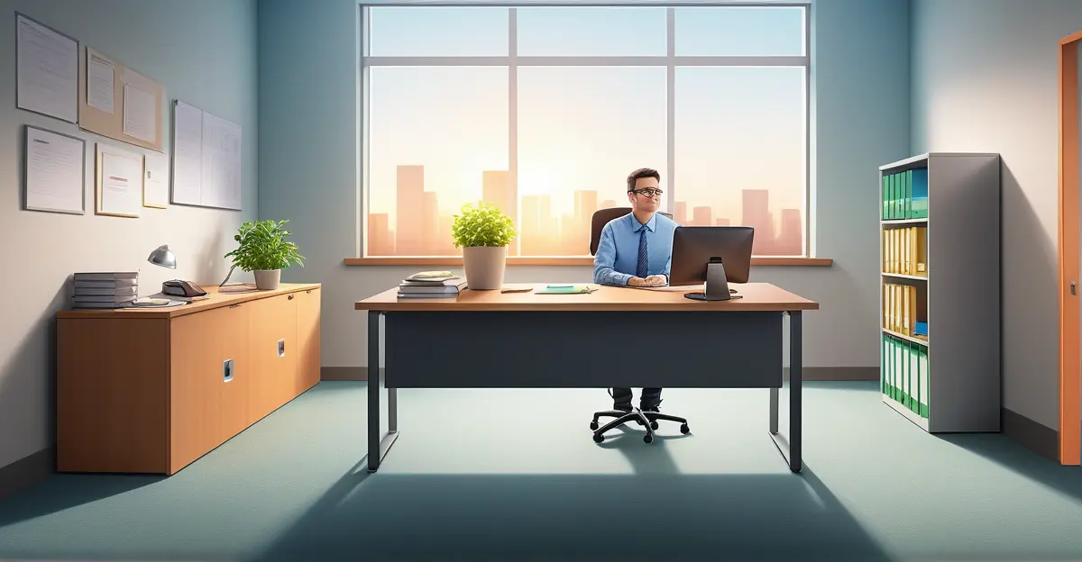 Editorial illustration of a worker standing between a traditional office identity and a broader post-work life.