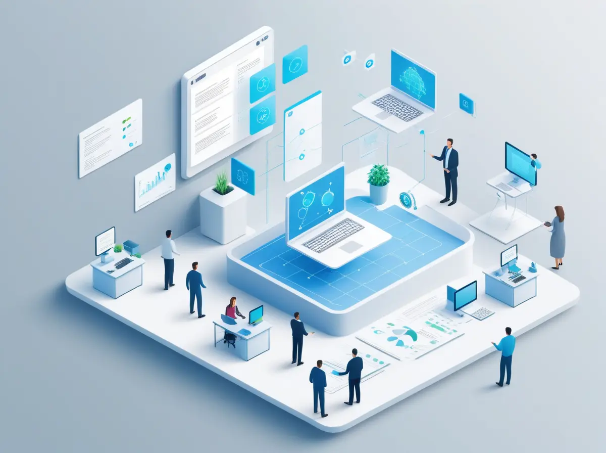 Illustration of AI automating routine office tasks while humans focus on strategy and collaboration.