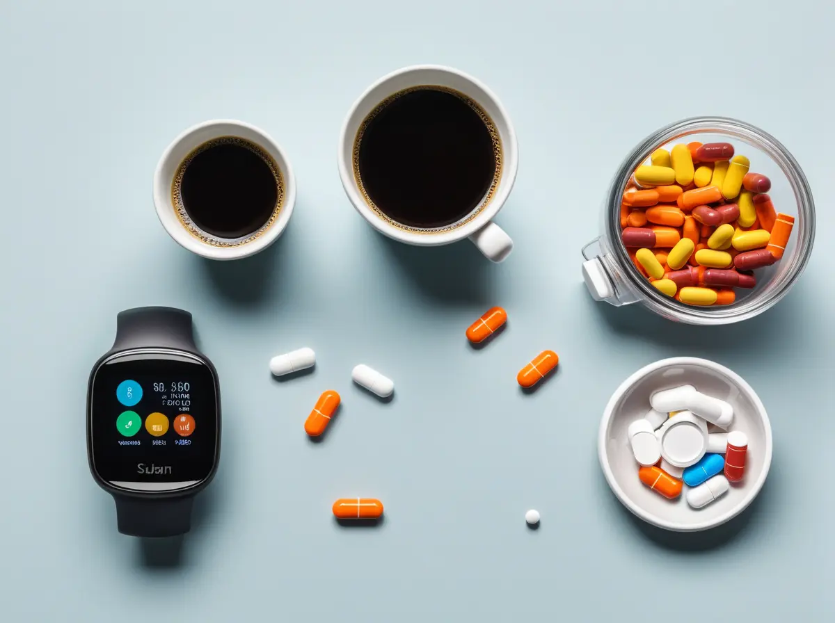 Illustration of a modern cognitive enhancement stack with stimulants, supplements, coffee, and productivity wearables.