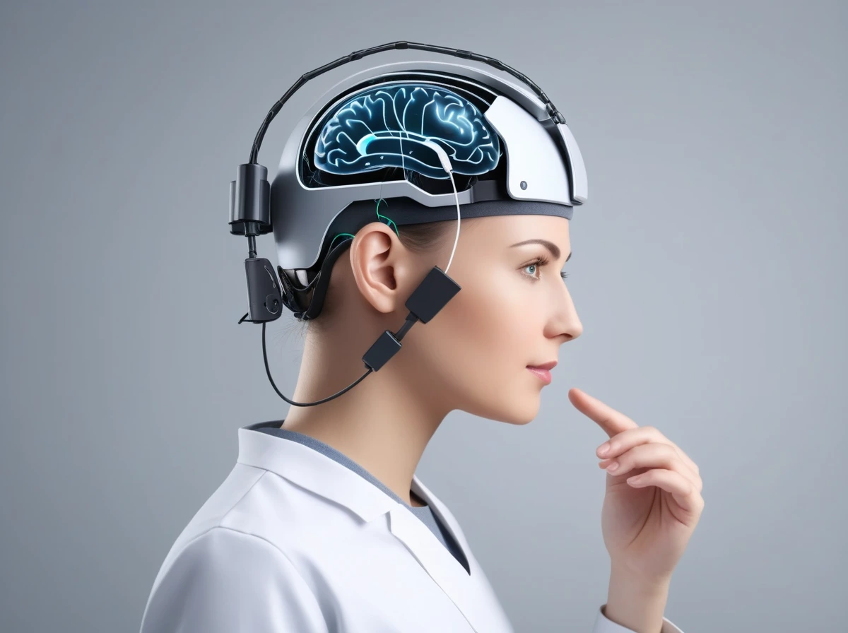 Illustration of a person using a brain-computer interface with a closed sensory feedback loop in a clinical setting.