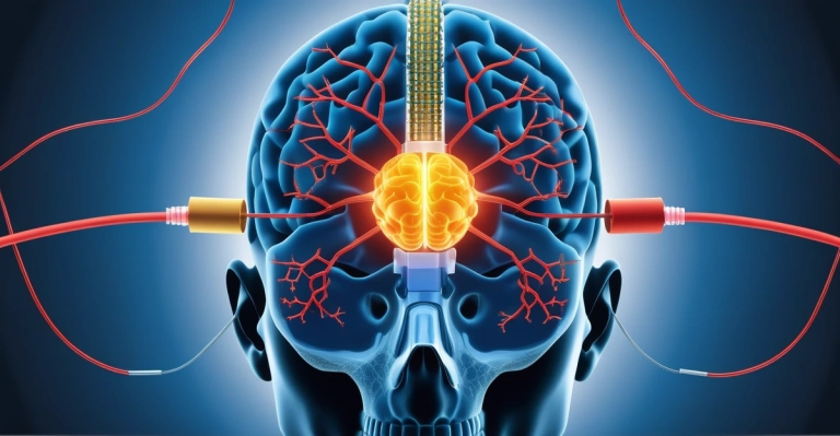Editorial illustration showing motor-cortex stimulation with an emphasis on ethical caution.