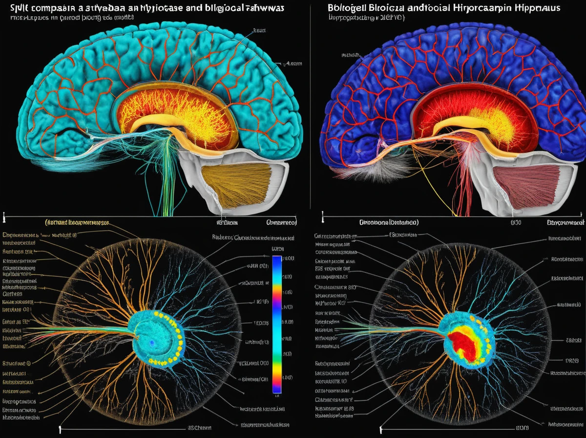 Split illustration comparing database indexing with biological memory pathways in the hippocampus.