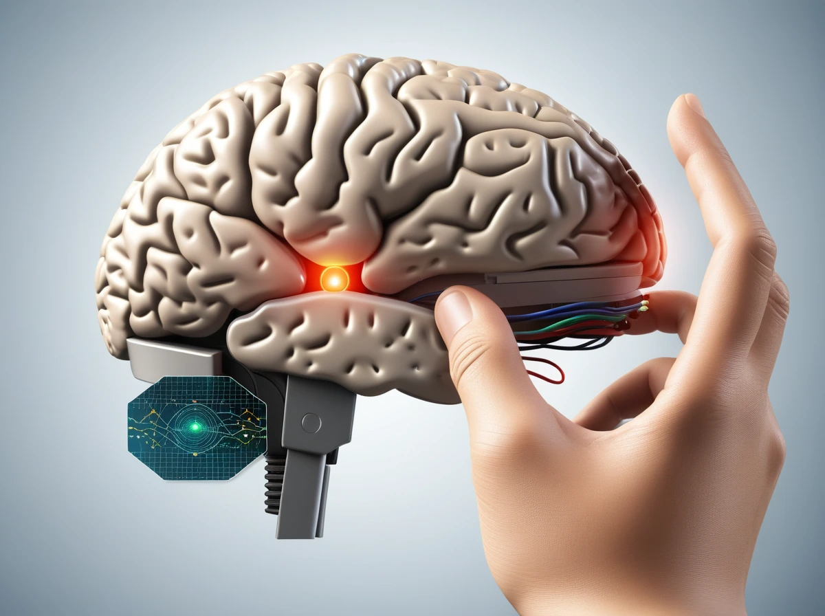 Illustration of brain stimulation near the motor cortex linked to hand movement.