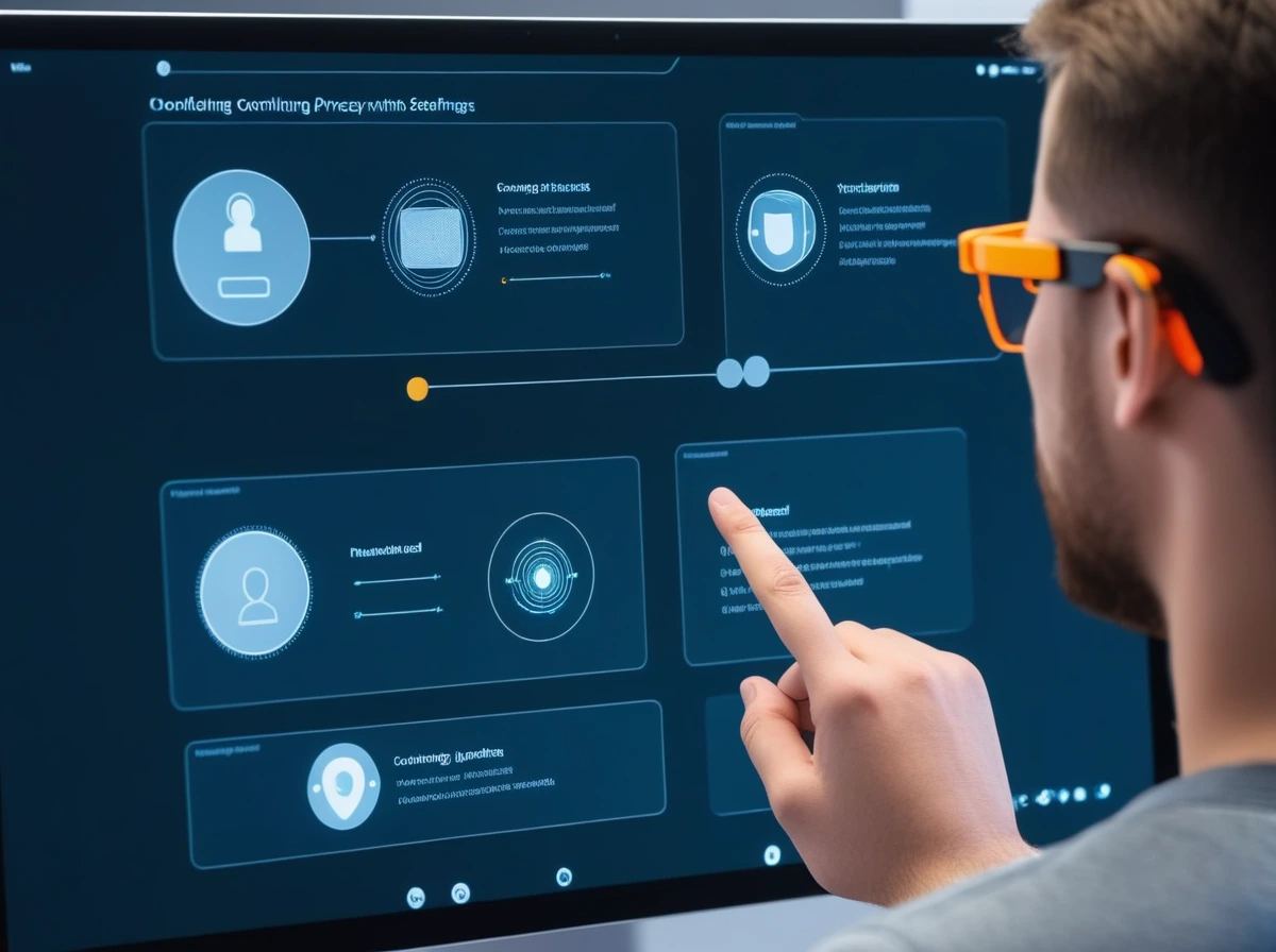 Illustration of a user controlling privacy, consent, and disconnect settings on a neural interface.