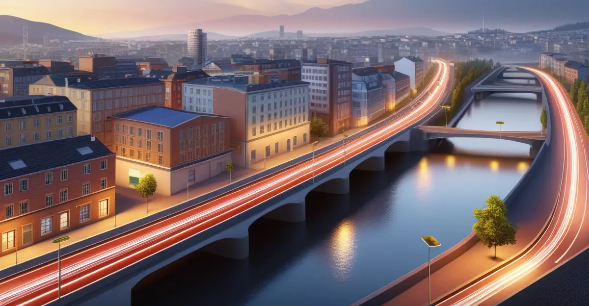 Editorial illustration of city infrastructure powered by light, heat, vibration, and radio signals.