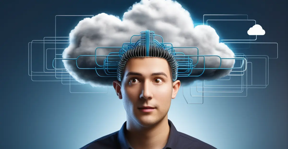 Editorial illustration showing a human head connected to cloud infrastructure and access-control layers.