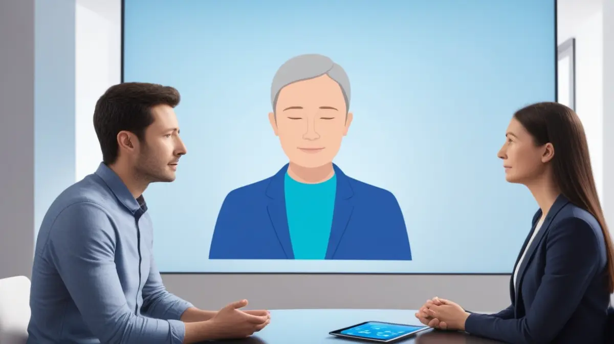 Illustration of a future mediation room using emotion-aware displays and consent controls.