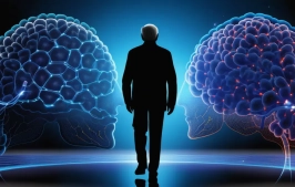 Editorial illustration of a healthy older adult silhouette layered with biotech data, regenerative medicine visuals, and a futuristic longevity lab environment.