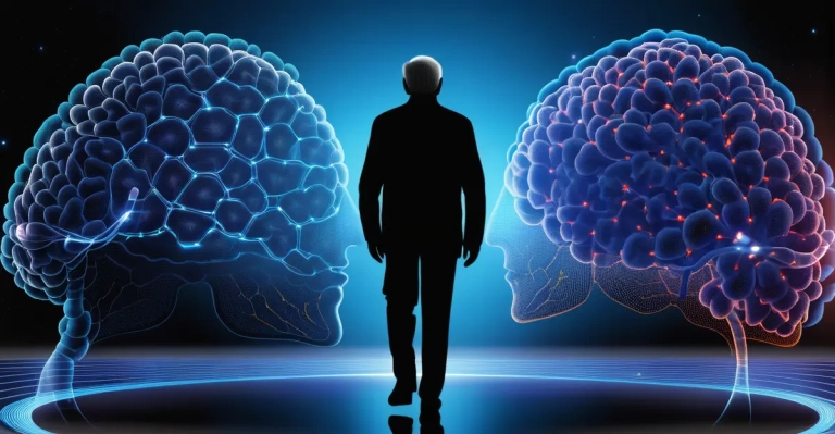 Editorial illustration of a healthy older adult silhouette layered with biotech data, regenerative medicine visuals, and a futuristic longevity lab environment.