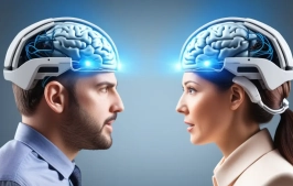 Editorial illustration of two people connected through a brain-computer interface signal path.