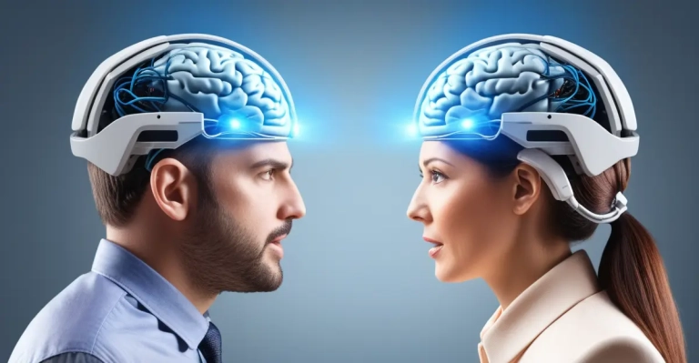Editorial illustration of two people connected through a brain-computer interface signal path.