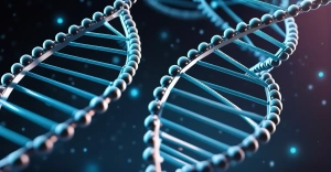 Editorial illustration of DNA molecules representing archived digital data in a futuristic data center.